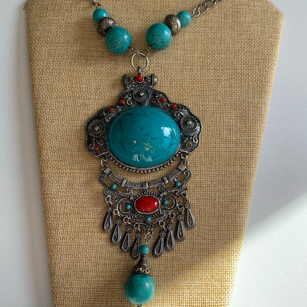 Huge Bohemian Turquoise and Red Pendant Necklace